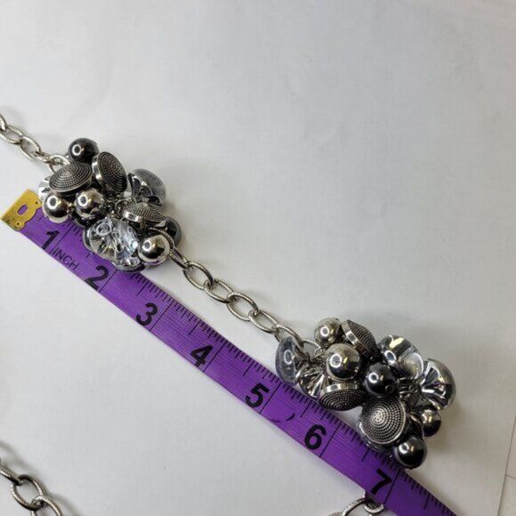Statement Necklace Silver Tone Crystal Buttons Beads Charms Clusters Necklace - Picture 10 of 11